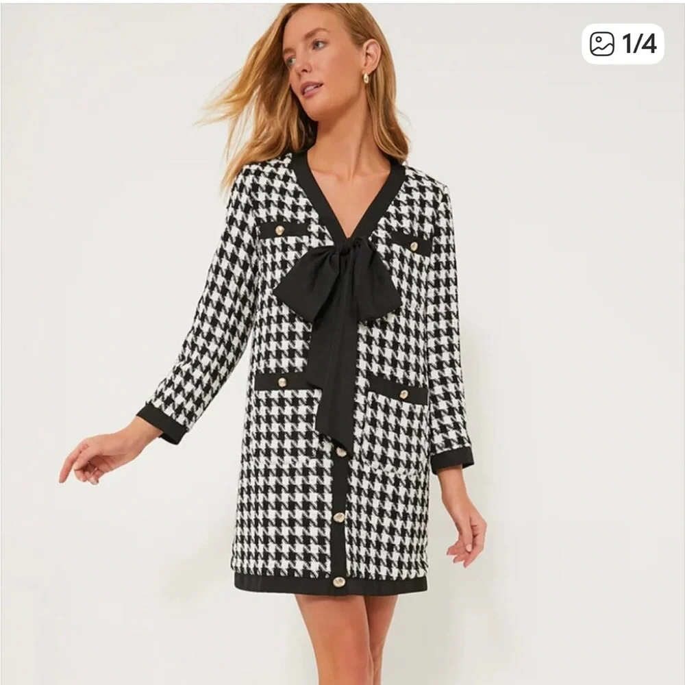 Coco Houndstooth Dress Tuckernuck Medium Pomander Pace Blow Black Holiday - Picture 1 of 5